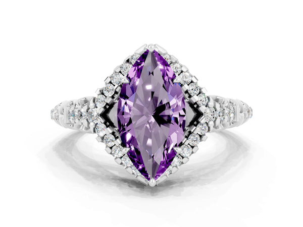 Platinum Marquise Cut Amethyst Solitaire Ring with Hidden Halo and Pavé Band