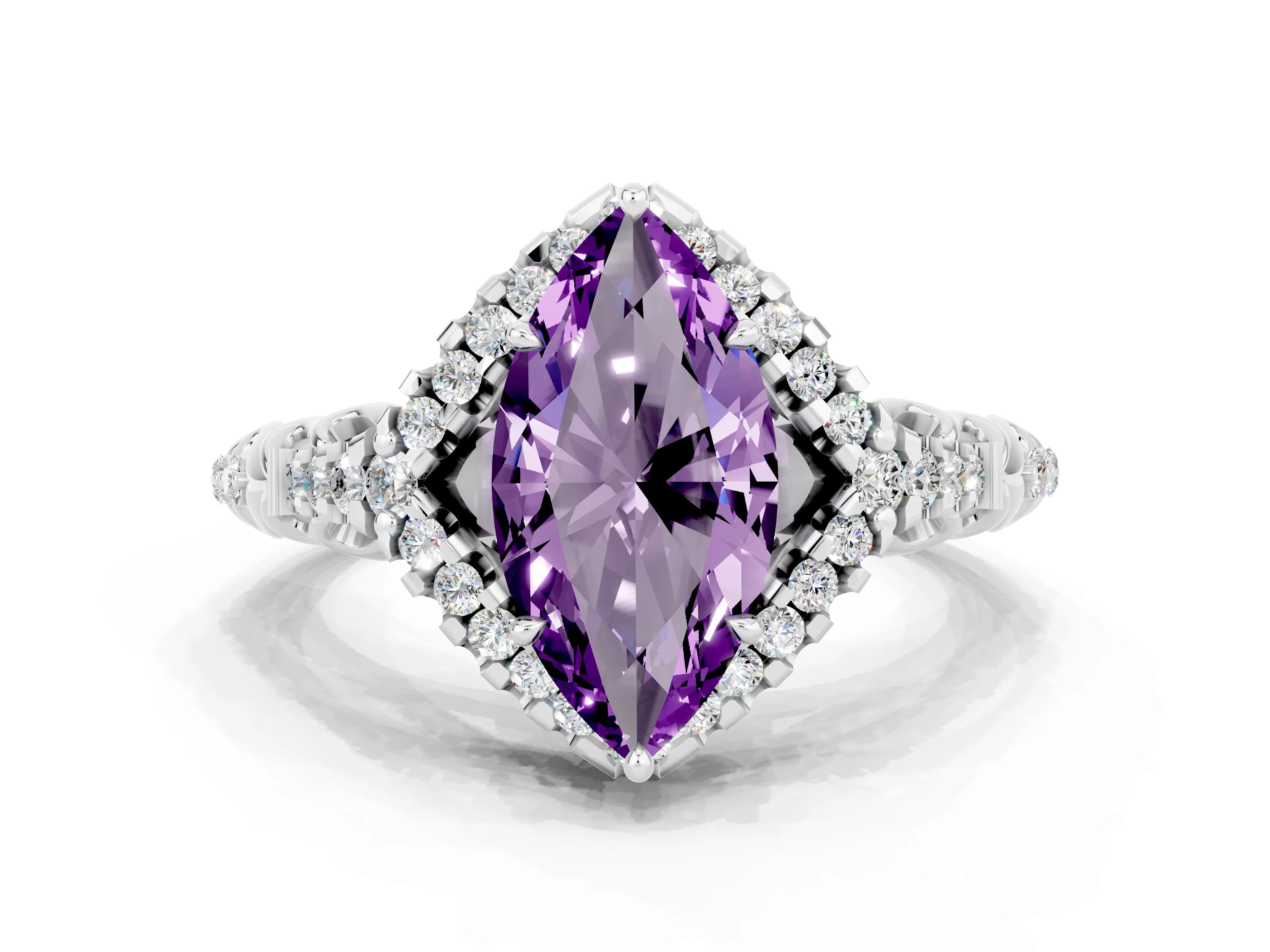 White gold Marquise Cut Amethyst Solitaire Ring with Hidden Halo and Pavé Band_24
