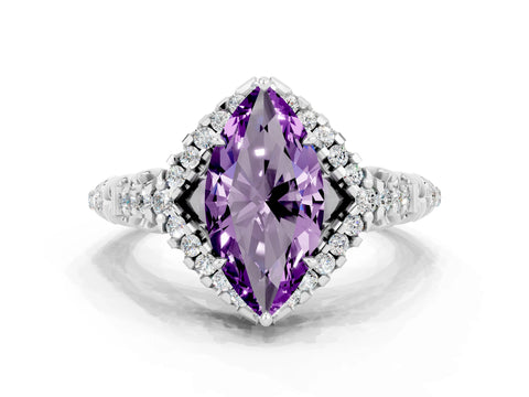 White gold Marquise Cut Amethyst Solitaire Ring with Hidden Halo and Pavé Band_24