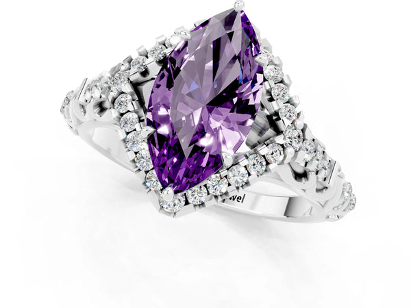 Silver Marquise Cut Amethyst Solitaire Ring with Hidden Halo and Pavé Band