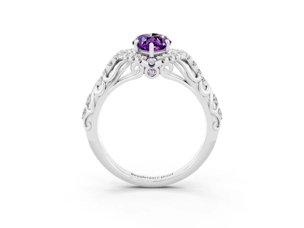 Silver Marquise Cut Amethyst Solitaire Ring with Hidden Halo and Pavé Band