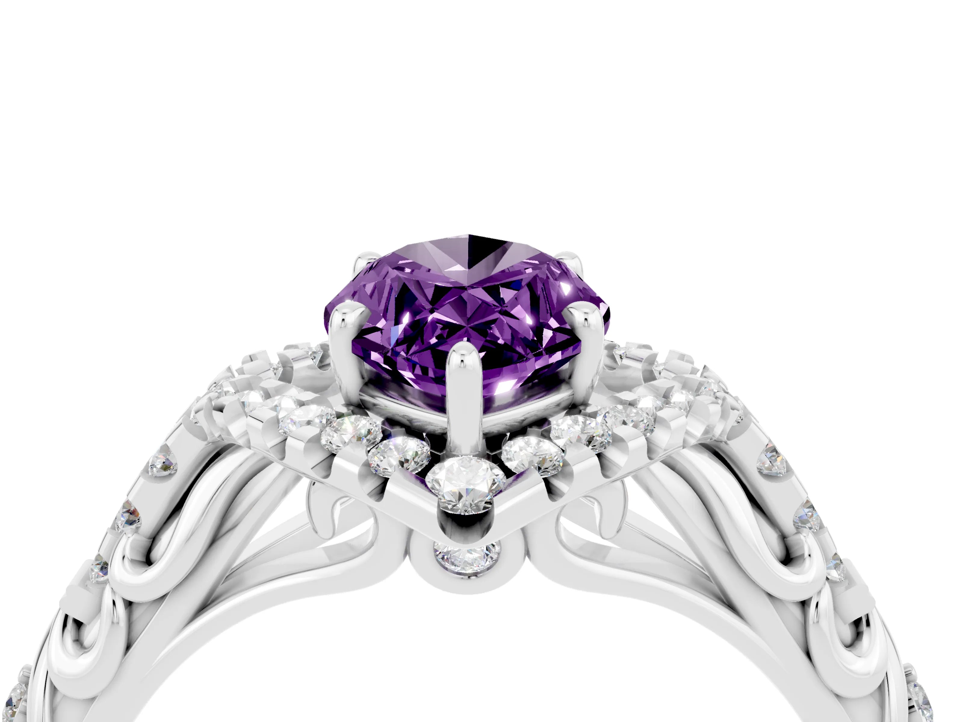 White gold Marquise Cut Amethyst Solitaire Ring with Hidden Halo and Pavé Band_28