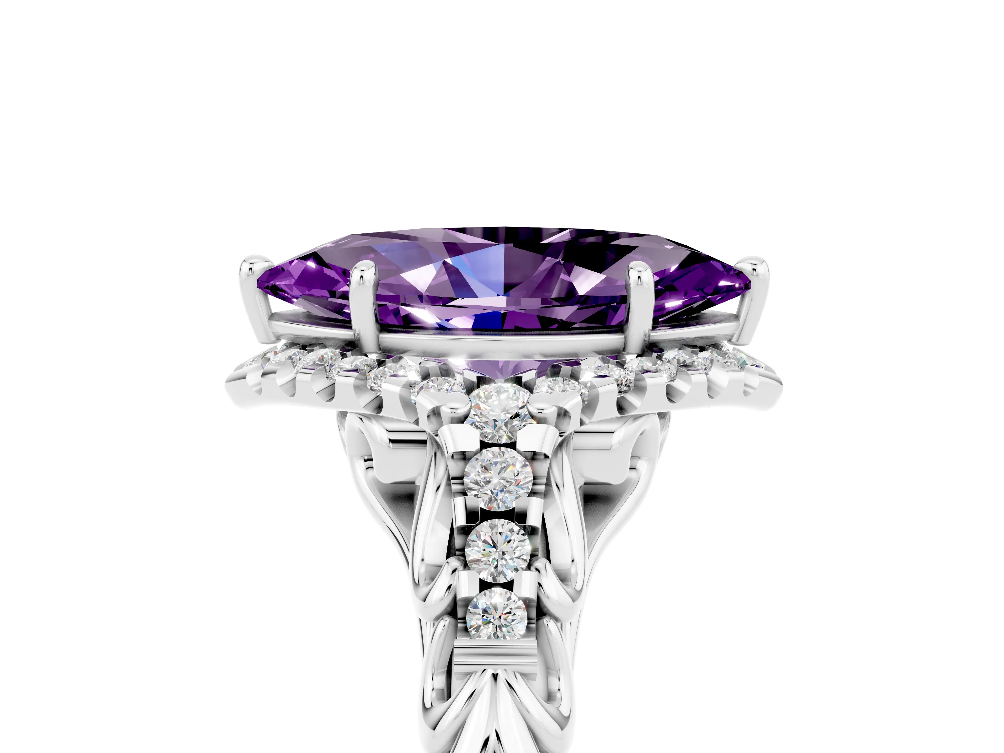 White gold Marquise Cut Amethyst Solitaire Ring with Hidden Halo and Pavé Band_29