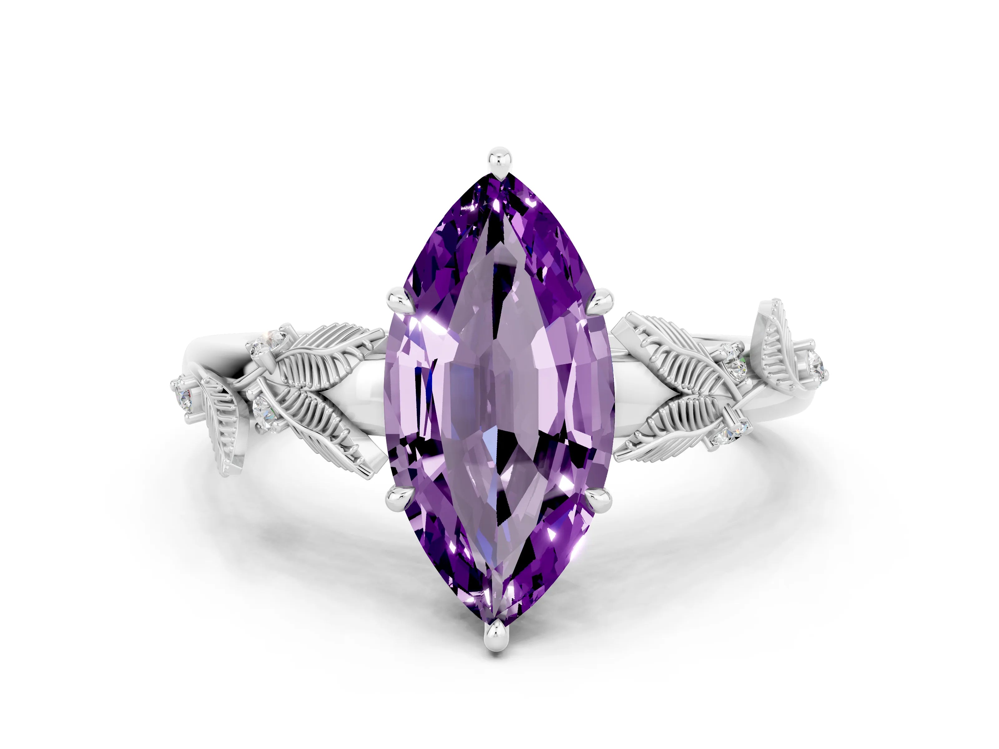 White gold Marquise Cut Amethyst Solitaire Ring with Leaf Motif Band and Four-Prong Setting