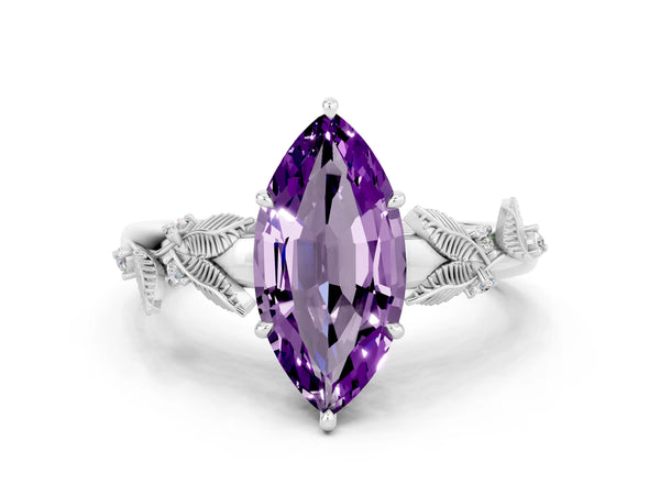 Platinum Marquise Cut Amethyst Solitaire Ring with Leaf Motif Band and Four-Prong Setting