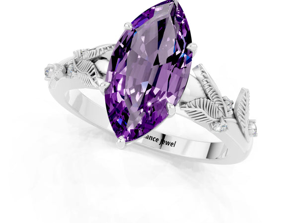 Platinum Marquise Cut Amethyst Solitaire Ring with Leaf Motif Band and Four-Prong Setting