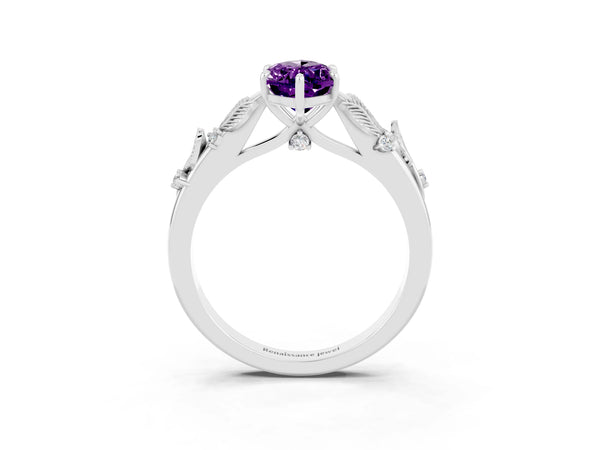 White gold Marquise Cut Amethyst Solitaire Ring with Leaf Motif Band and Four-Prong Setting