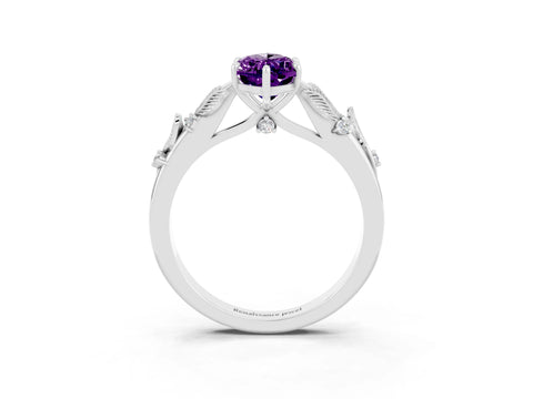 White gold Marquise Cut Amethyst Solitaire Ring with Leaf Motif Band and Four-Prong Setting_15