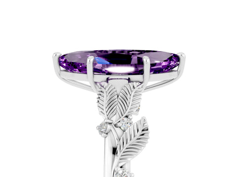 White gold Marquise Cut Amethyst Solitaire Ring with Leaf Motif Band and Four-Prong Setting_17