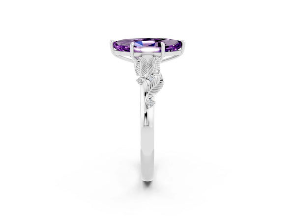 Platinum Marquise Cut Amethyst Solitaire Ring with Leaf Motif Band and Four-Prong Setting
