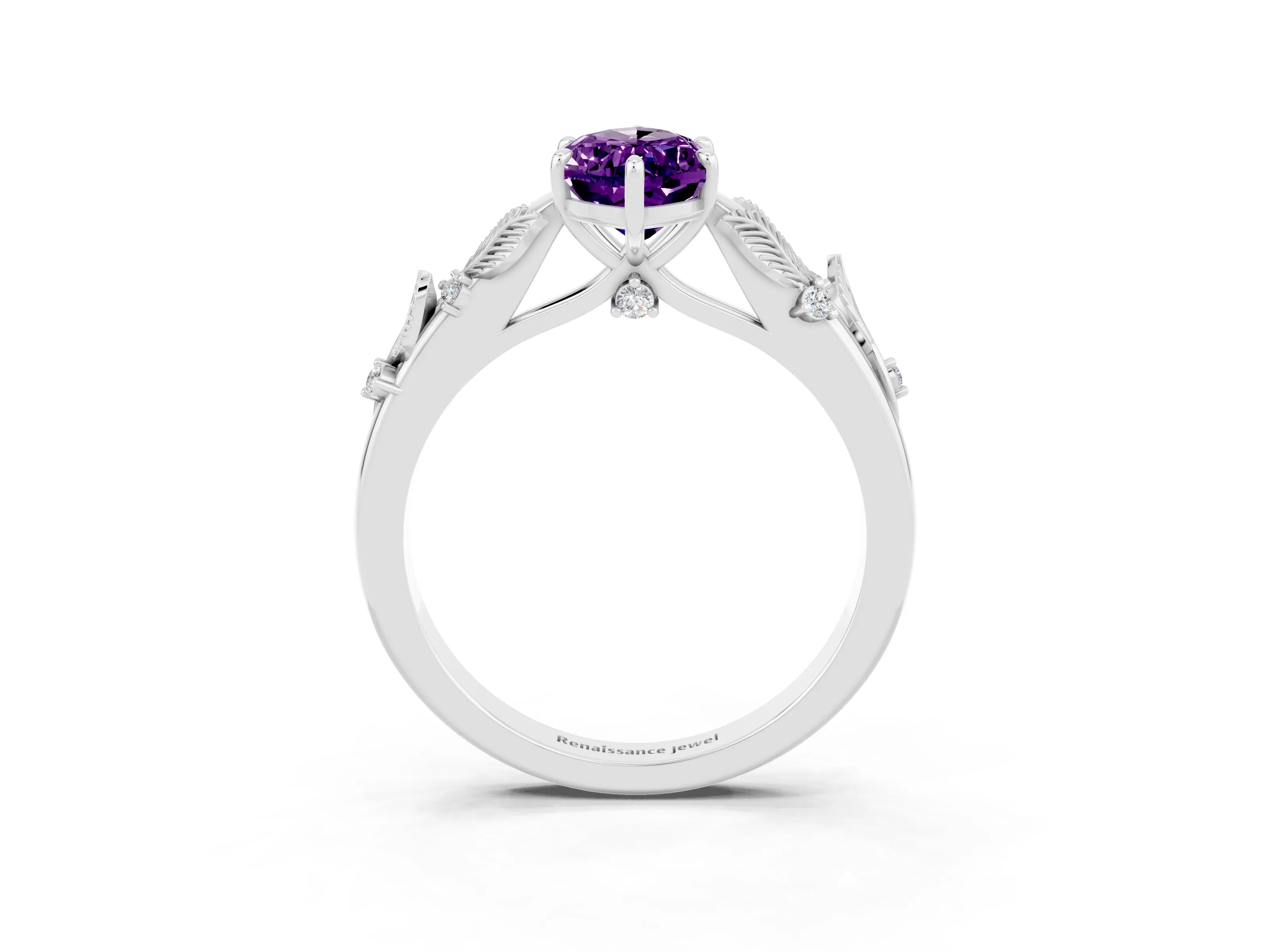 White gold Marquise Cut Amethyst Solitaire Ring with Leaf Motif Band and Four-Prong Setting_3