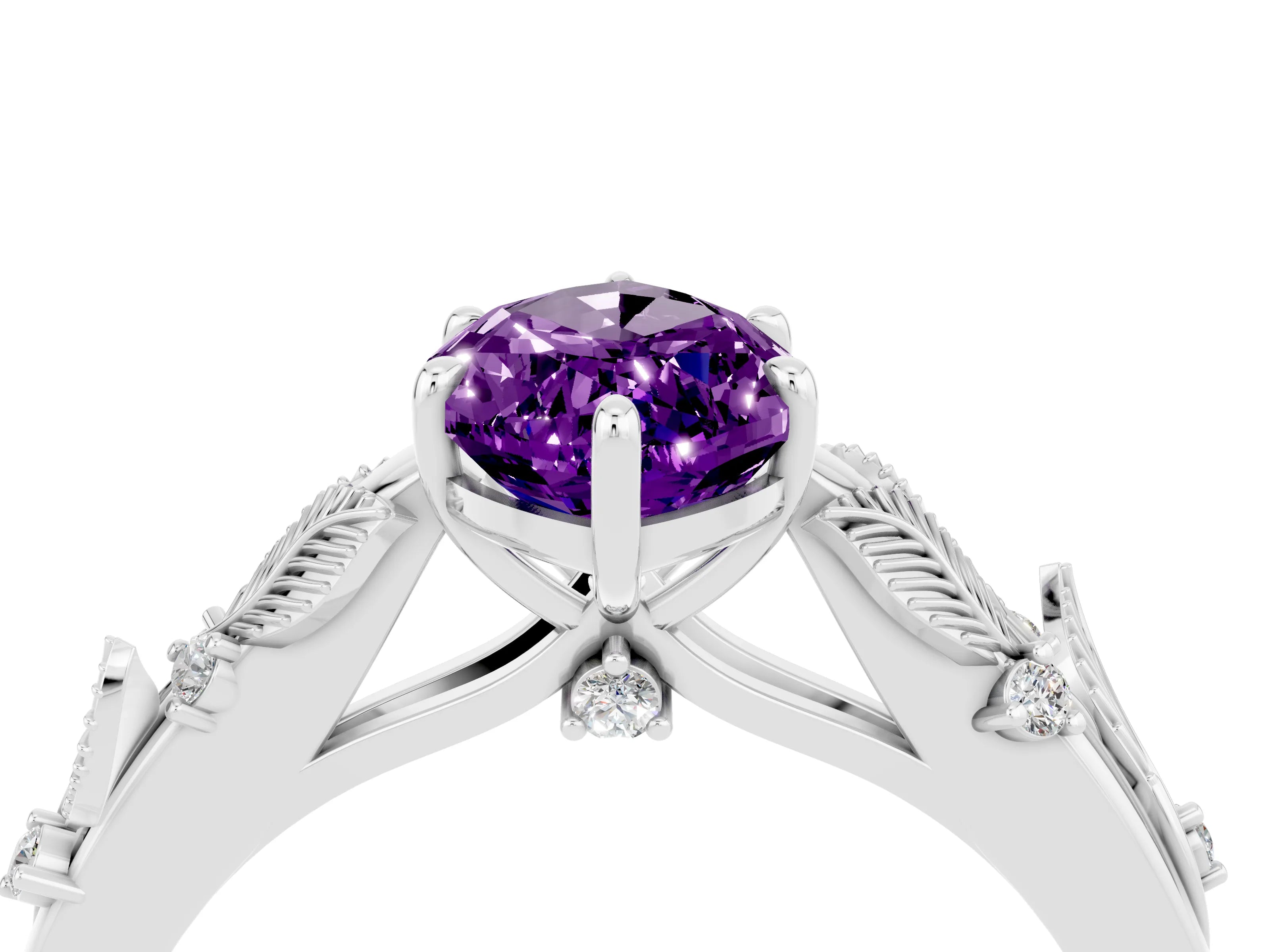 White gold Marquise Cut Amethyst Solitaire Ring with Leaf Motif Band and Four-Prong Setting_4