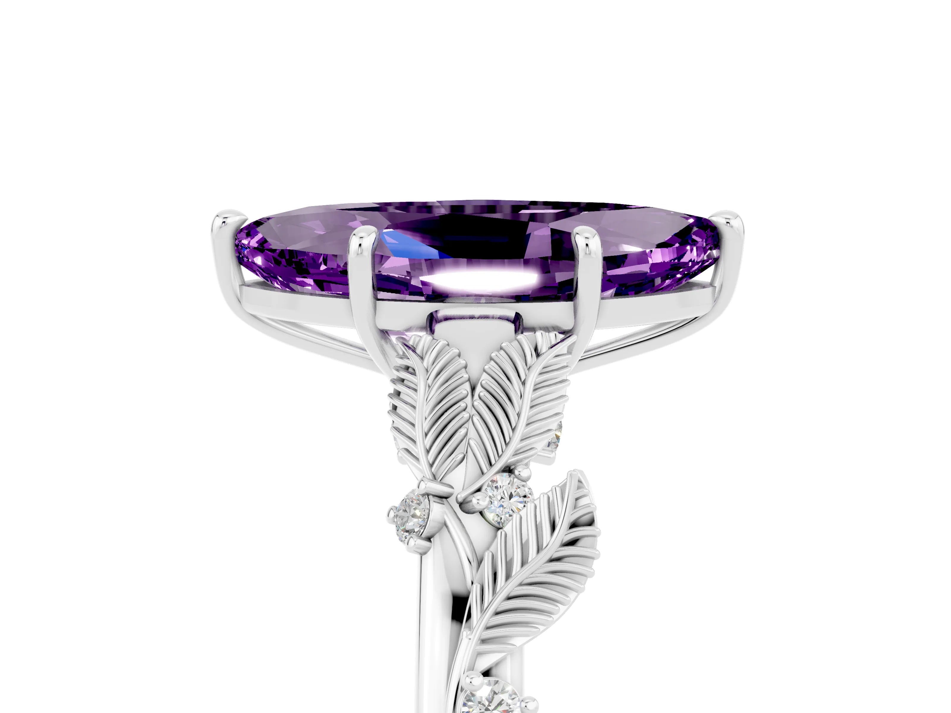 White gold Marquise Cut Amethyst Solitaire Ring with Leaf Motif Band and Four-Prong Setting_5