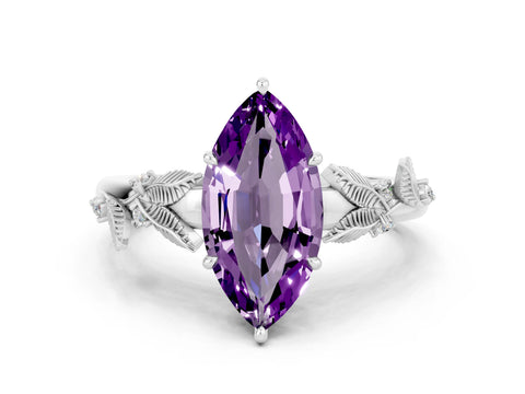 White gold Marquise Cut Amethyst Solitaire Ring with Leaf Motif Band and Four-Prong Setting