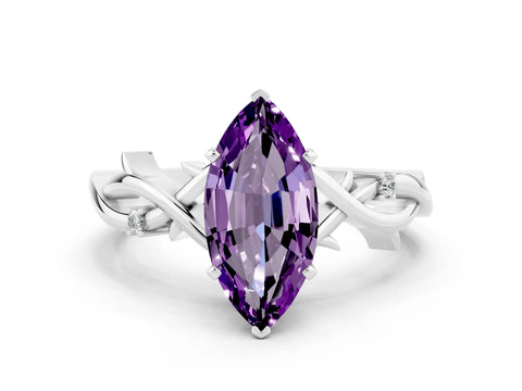White gold Marquise Cut Amethyst Solitaire Ring with Milgrain Pavé Band and Four-Prong Setting_12