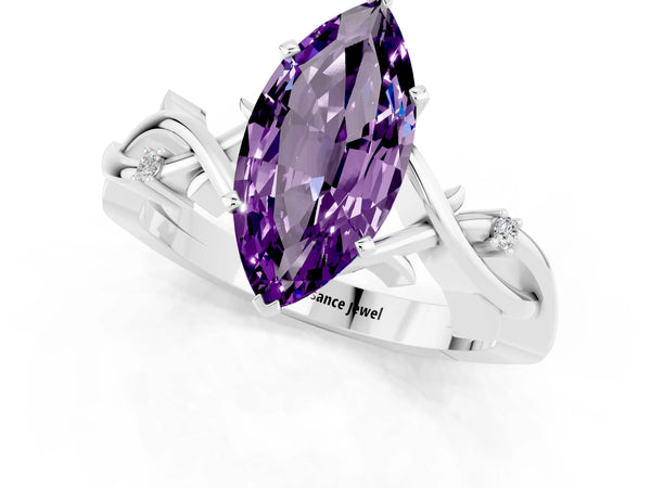 Platinum Marquise Cut Amethyst Solitaire Ring with Milgrain Pavé Band and Four-Prong Setting