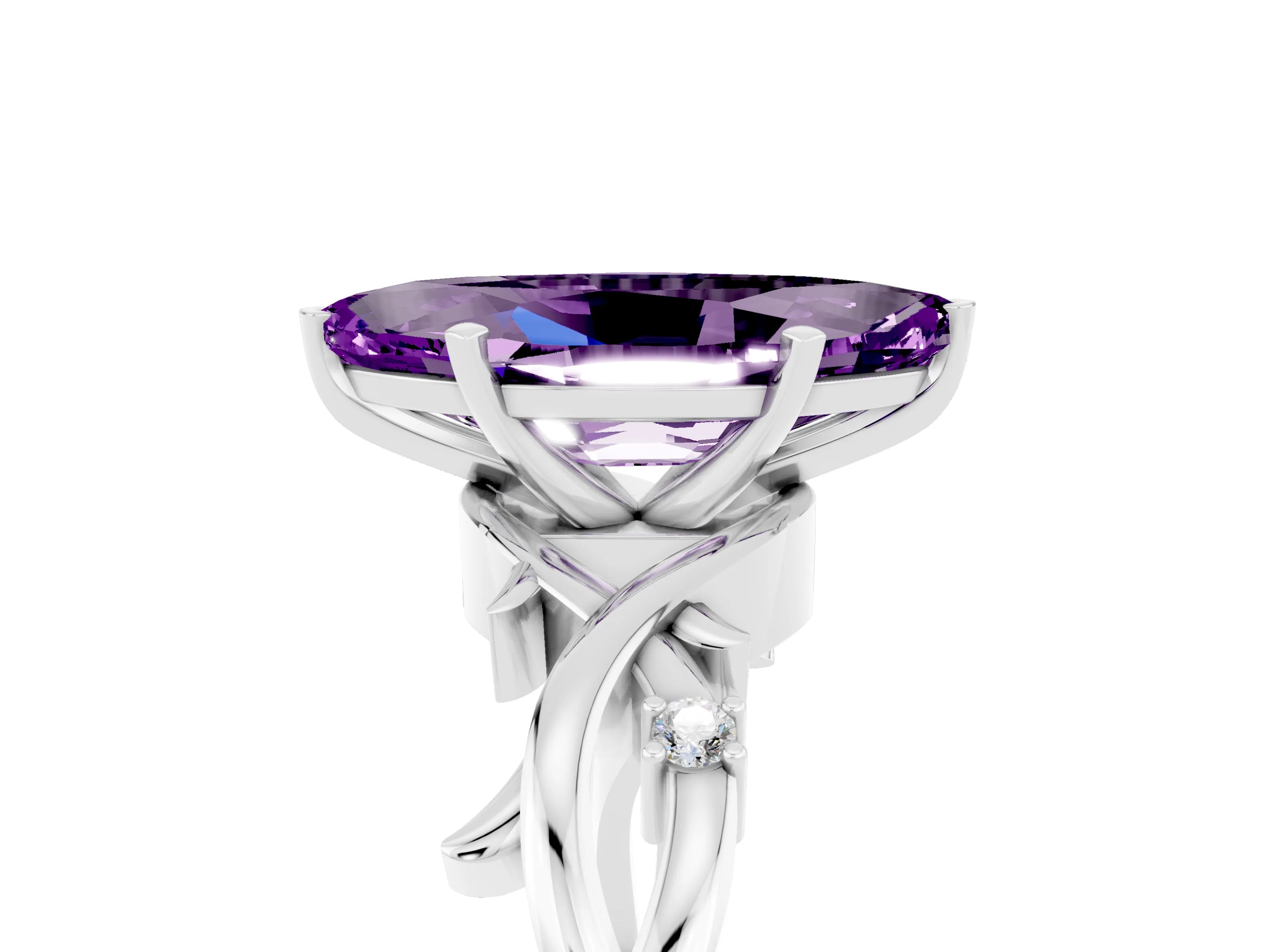 White gold Marquise Cut Amethyst Solitaire Ring with Milgrain Pavé Band and Four-Prong Setting_17