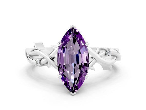 White gold Marquise Cut Amethyst Solitaire Ring with Milgrain Pavé Band and Four-Prong Setting