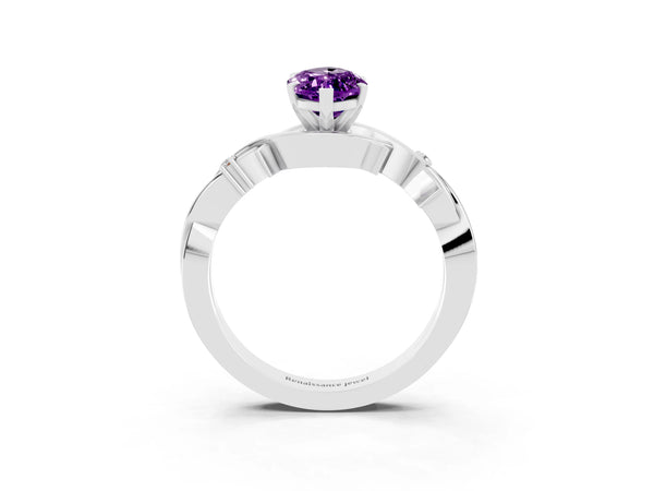 White gold Marquise Cut Amethyst Solitaire Ring with Milgrain Pavé Band and Four-Prong Setting