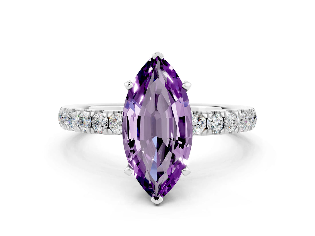 White gold Marquise Cut Amethyst Solitaire Ring with Pavé Accents and Four-Prong Setting