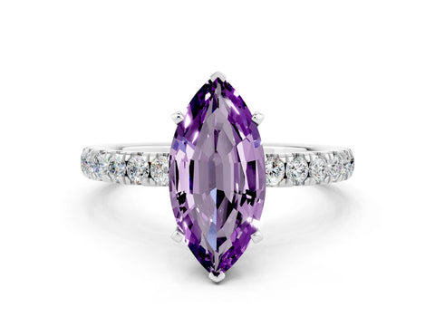 White gold Marquise Cut Amethyst Solitaire Ring with Pavé Accents and Four-Prong Setting
