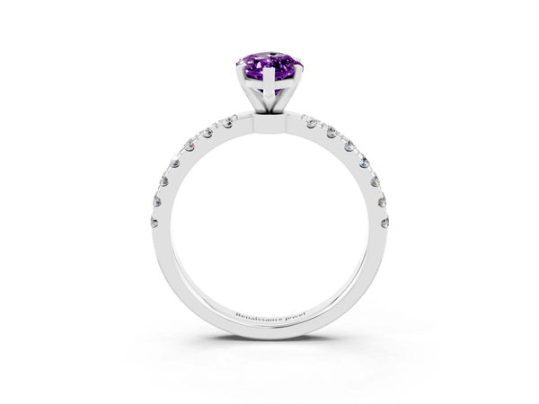 Silver Marquise Cut Amethyst Solitaire Ring with Pavé Accents and Four-Prong Setting