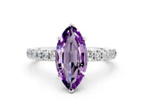 White gold Marquise Cut Amethyst Solitaire Ring with Pavé Accents and Four-Prong Setting