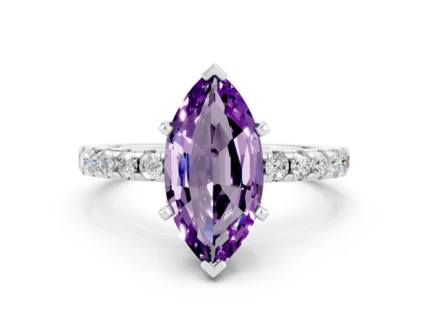 Platinum Marquise Cut Amethyst Solitaire Ring with Round  Pavé Band and Four-Prong Setting