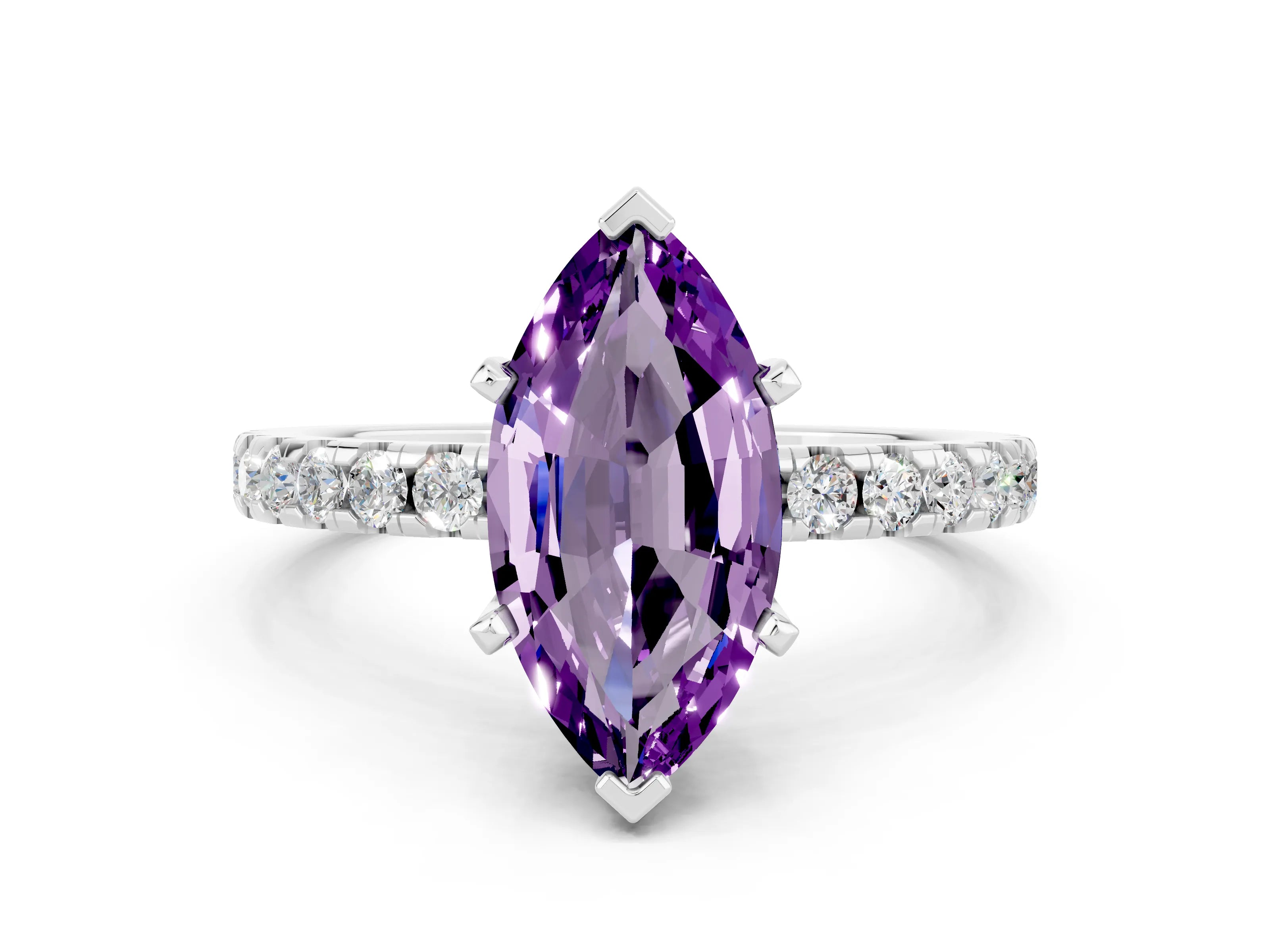 White gold Marquise Cut Amethyst Solitaire Ring with Pavé Band and Four-Prong Setting_24