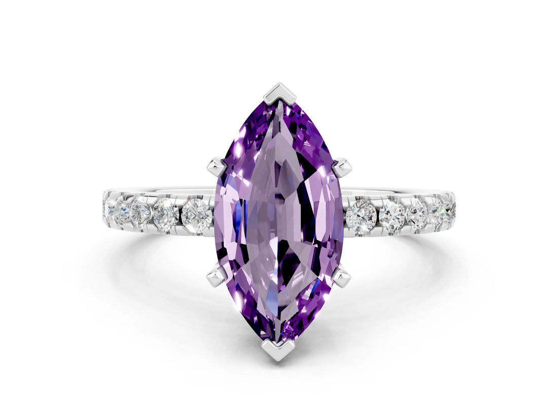 White gold Marquise Cut Amethyst Solitaire Ring with Pavé Band and Four-Prong Setting_24