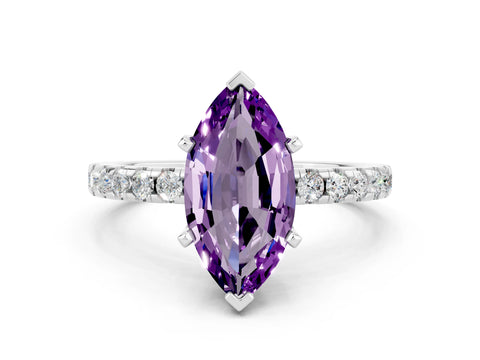 White gold Marquise Cut Amethyst Solitaire Ring with Pavé Band and Four-Prong Setting_24
