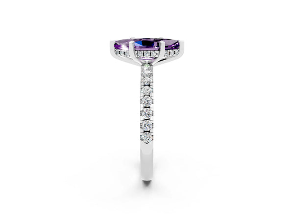 Silver Marquise Cut Amethyst Solitaire Ring with Round  Pavé Band and Four-Prong Setting