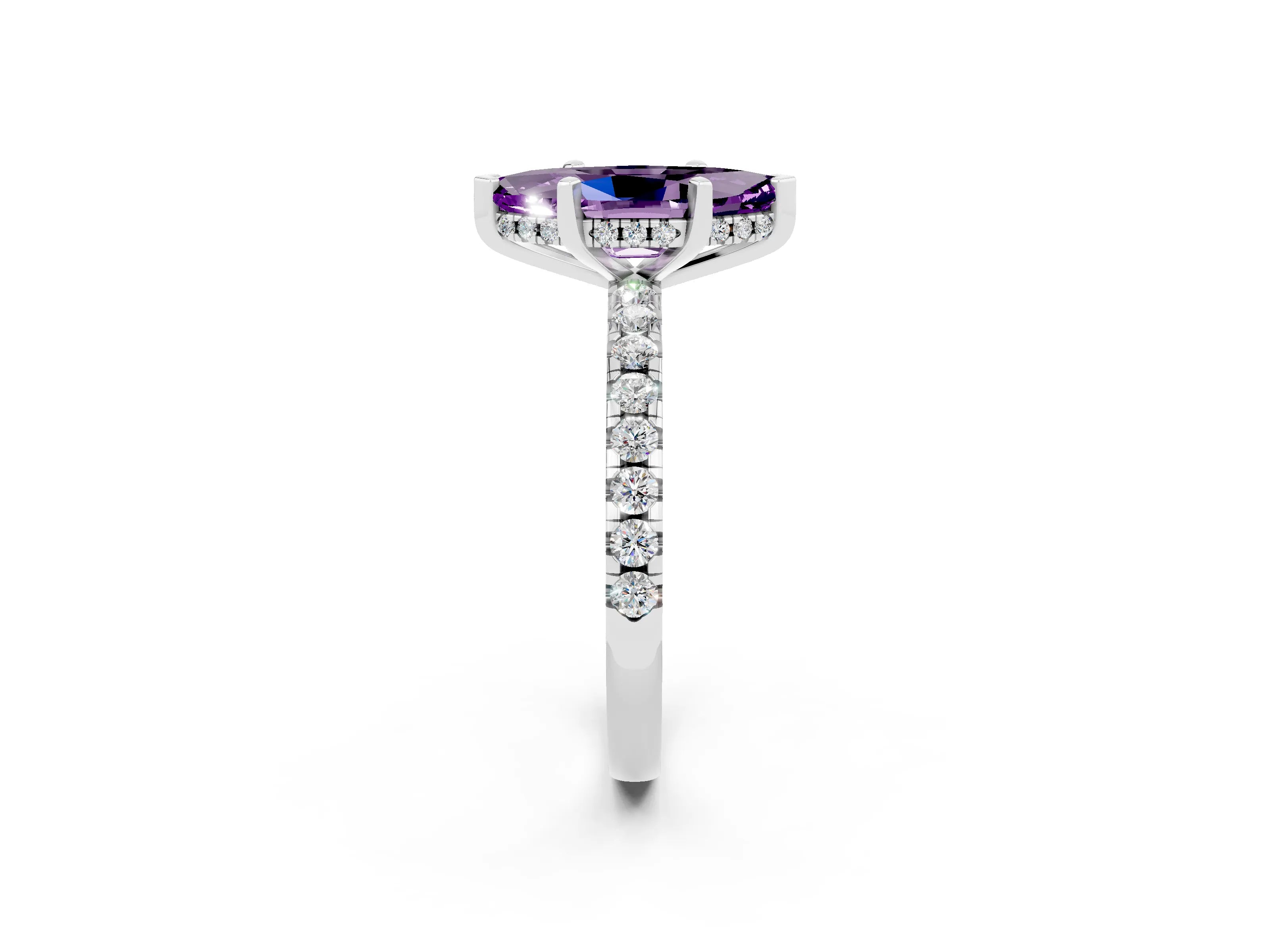 White gold Marquise Cut Amethyst Solitaire Ring with Pavé Band and Four-Prong Setting_26