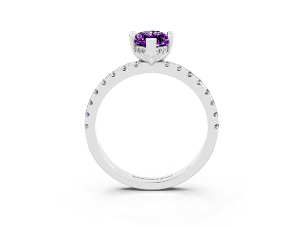 Silver Marquise Cut Amethyst Solitaire Ring with Round  Pavé Band and Four-Prong Setting