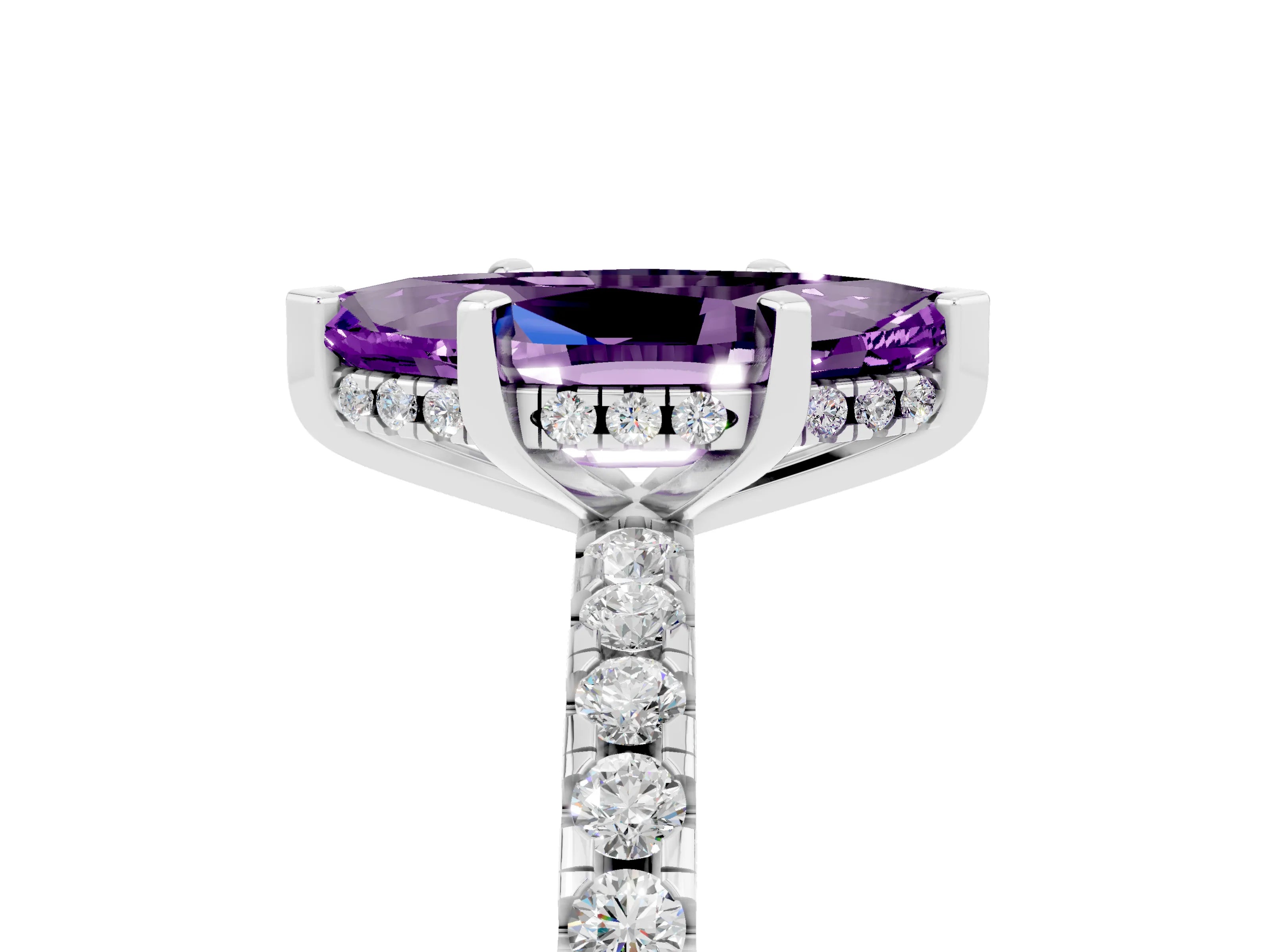 White gold Marquise Cut Amethyst Solitaire Ring with Pavé Band and Four-Prong Setting_29