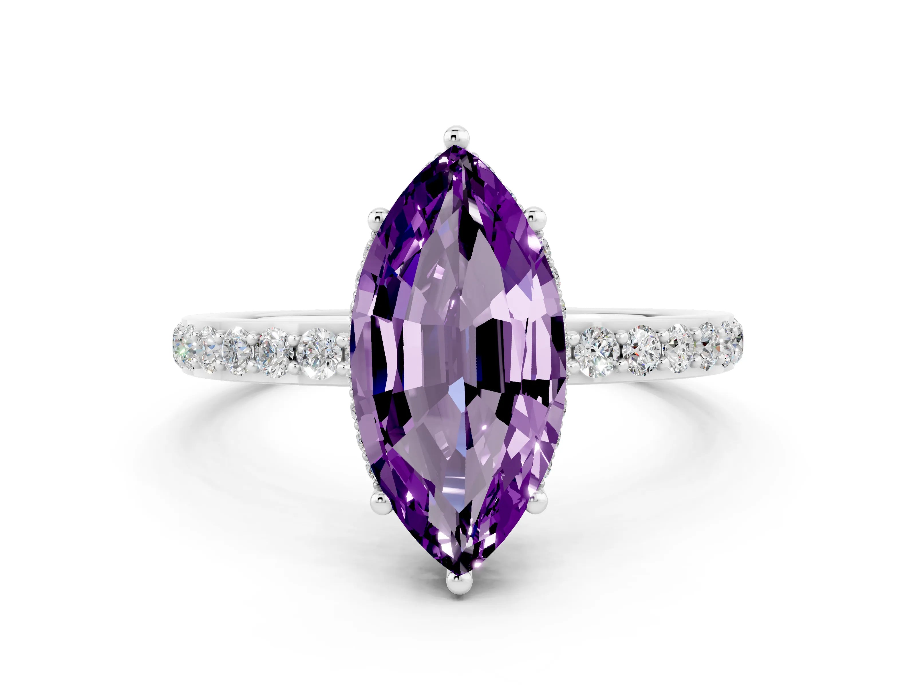 White gold Marquise Cut Amethyst Solitaire Ring with Pavé Band and Hidden Halo_48