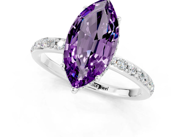 Platinum Marquise Cut Amethyst Solitaire Ring with Pavé Band and Hidden Halo