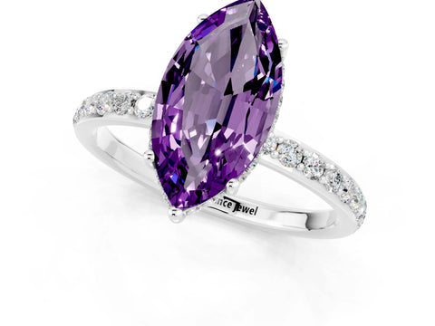White gold Marquise Cut Amethyst Solitaire Ring with Pavé Band and Hidden Halo_49