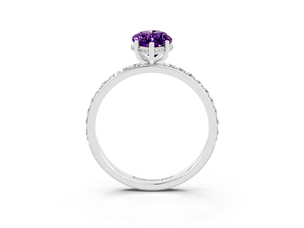 Platinum Marquise Cut Amethyst Solitaire Ring with Pavé Band and Hidden Halo