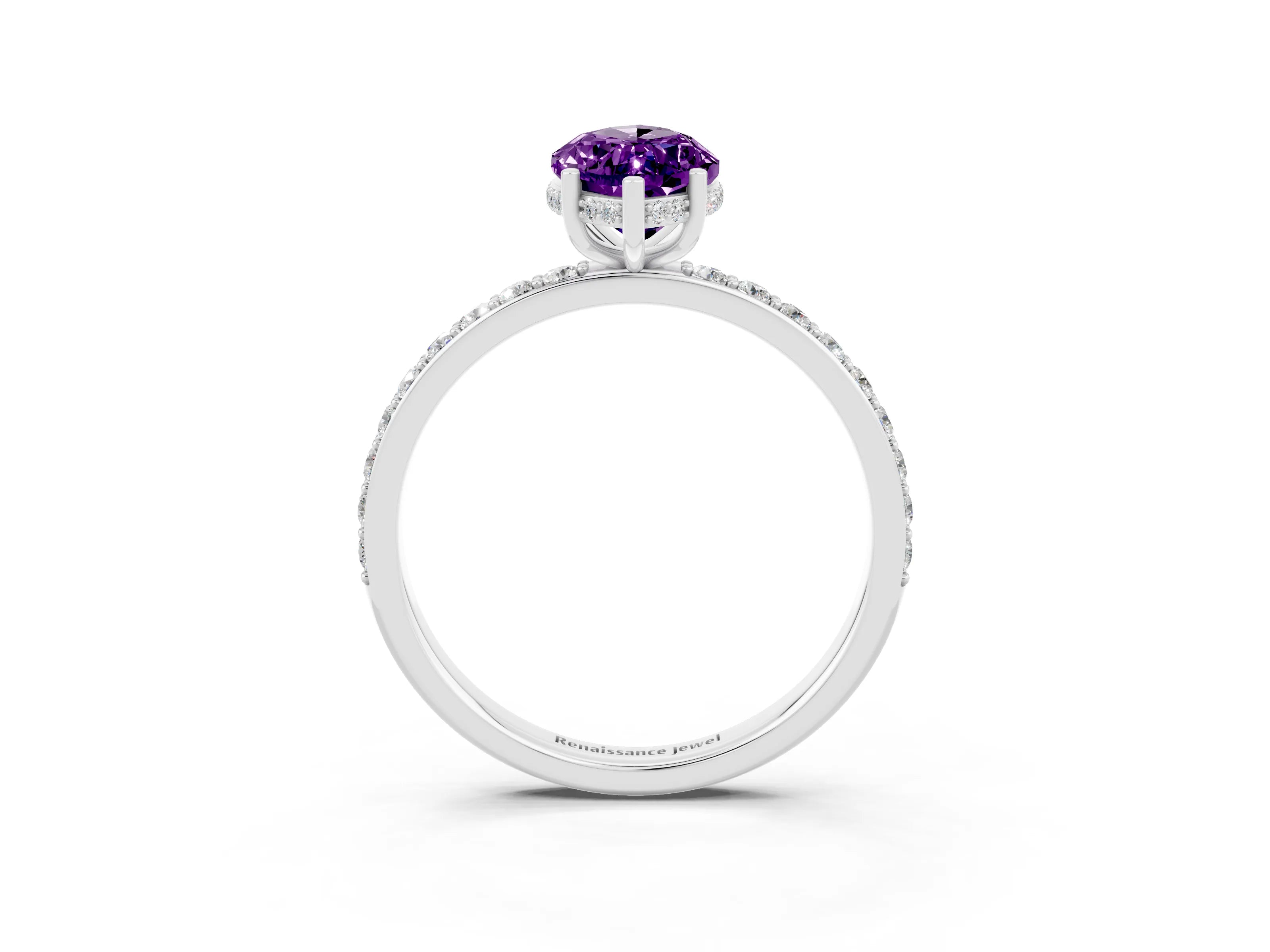 White gold Marquise Cut Amethyst Solitaire Ring with Pavé Band and Hidden Halo_51