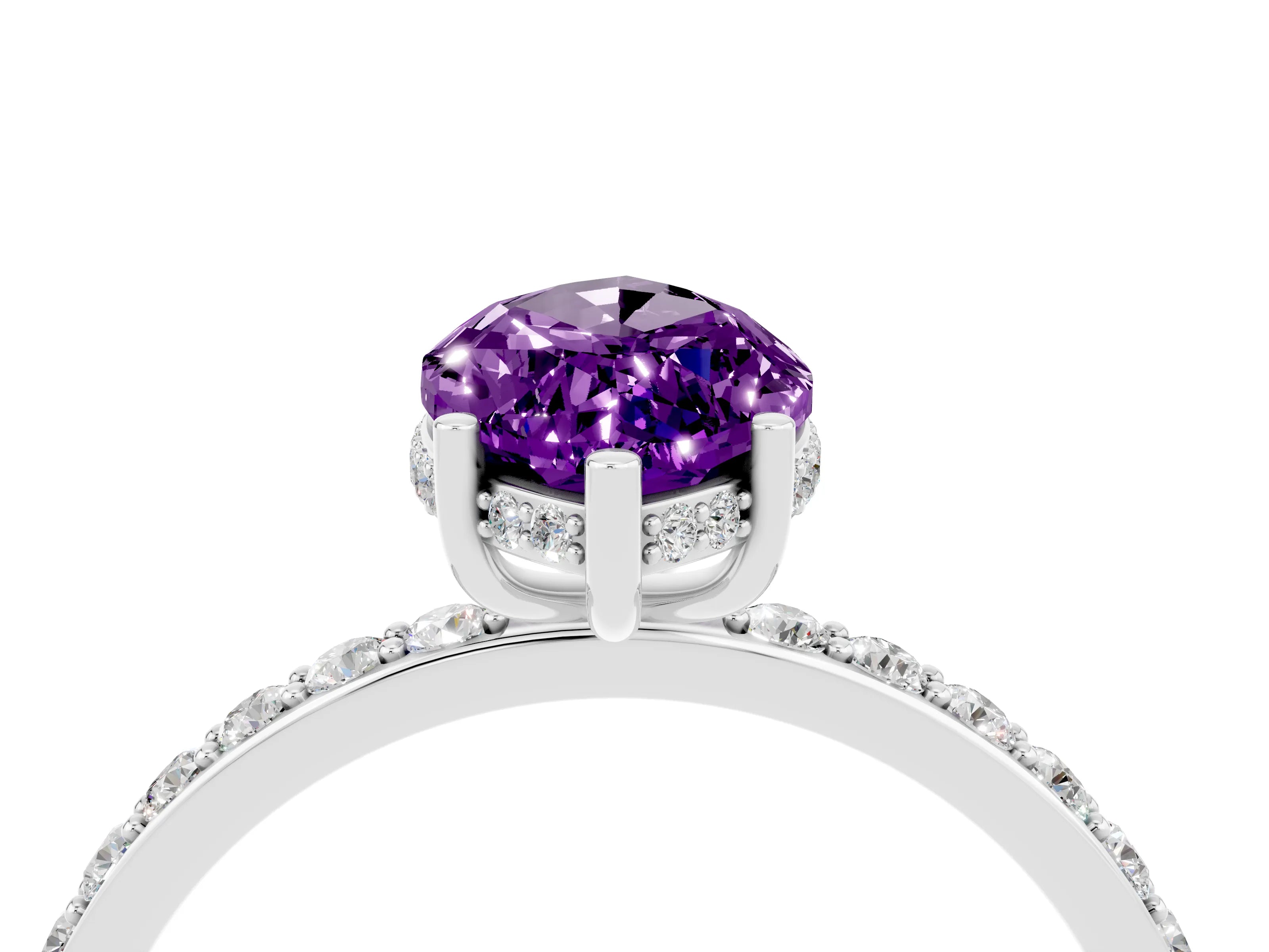 White gold Marquise Cut Amethyst Solitaire Ring with Pavé Band and Hidden Halo_52