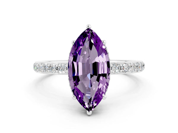 White gold Marquise Cut Amethyst Solitaire Ring with Pavé Band and Hidden Halo