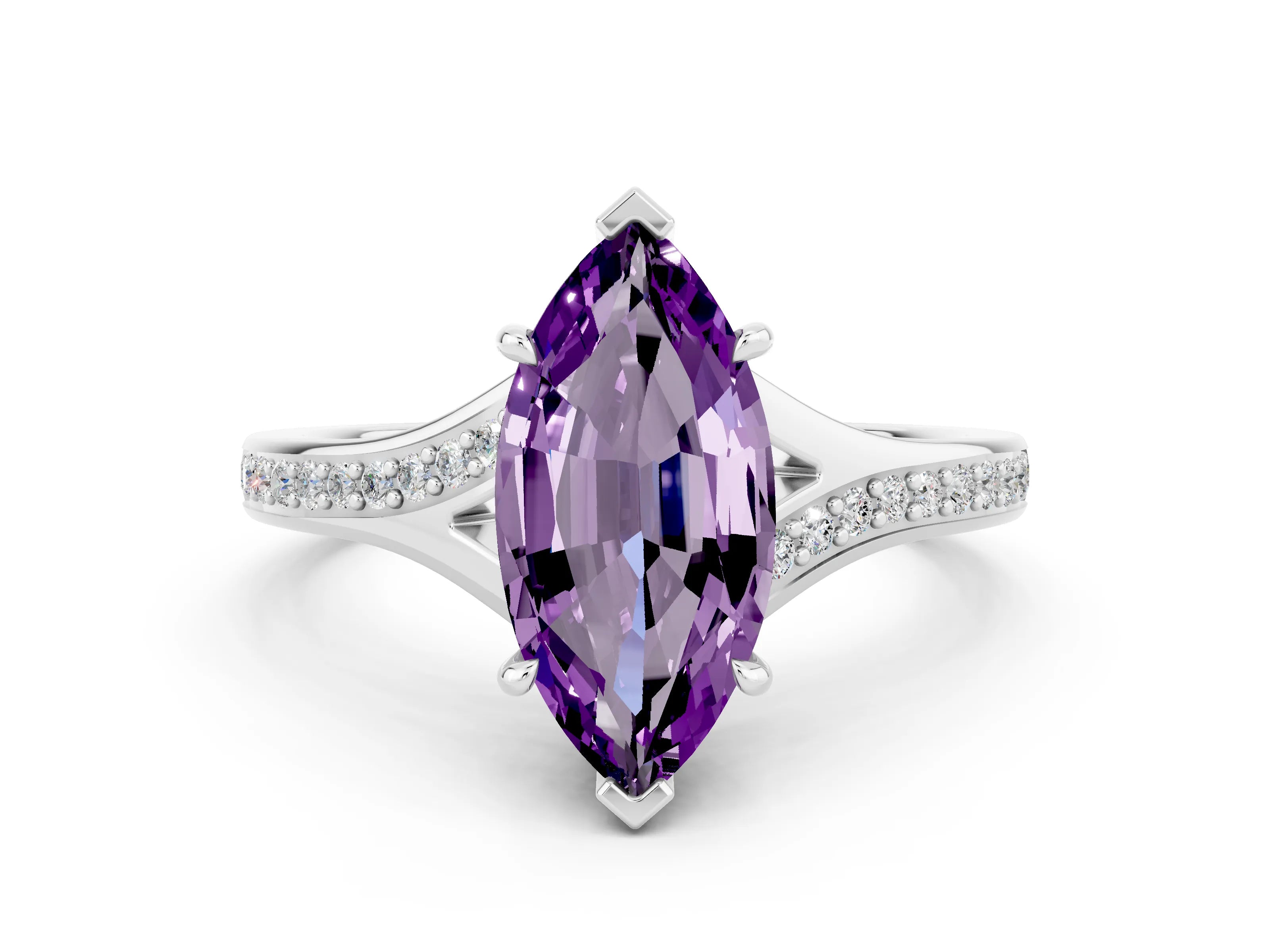 White gold Marquise Cut Amethyst Solitaire Ring with Pavé Band and Prong Setting_12
