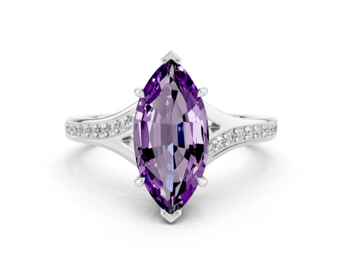 White gold Marquise Cut Amethyst Solitaire Ring with Pavé Band and Prong Setting