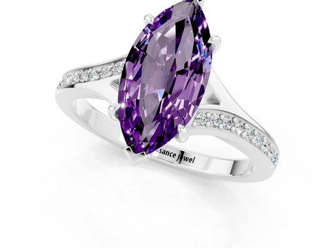 White gold Marquise Cut Amethyst Solitaire Ring with Pavé Band and Prong Setting_13
