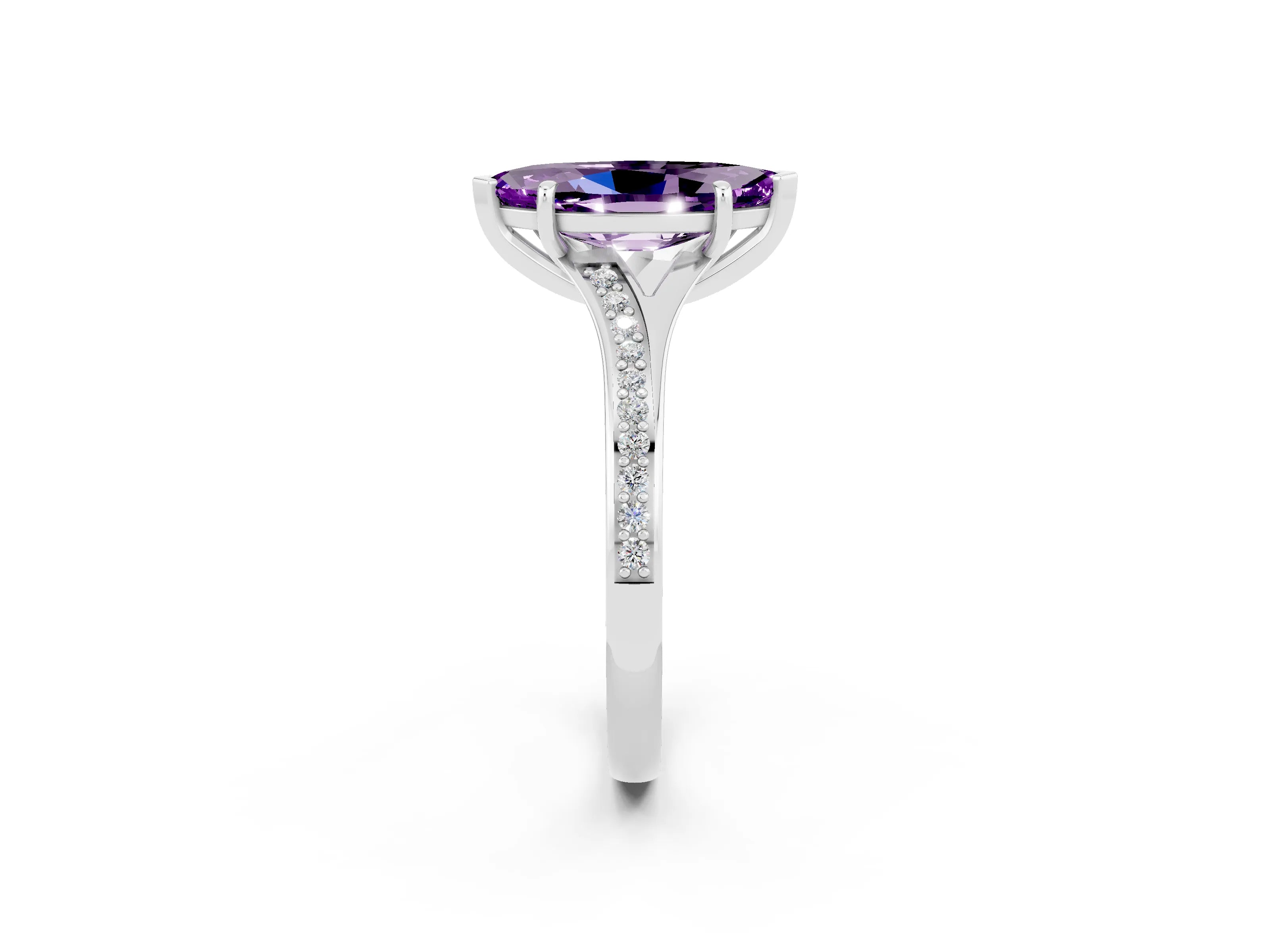 White gold Marquise Cut Amethyst Solitaire Ring with Pavé Band and Prong Setting_14