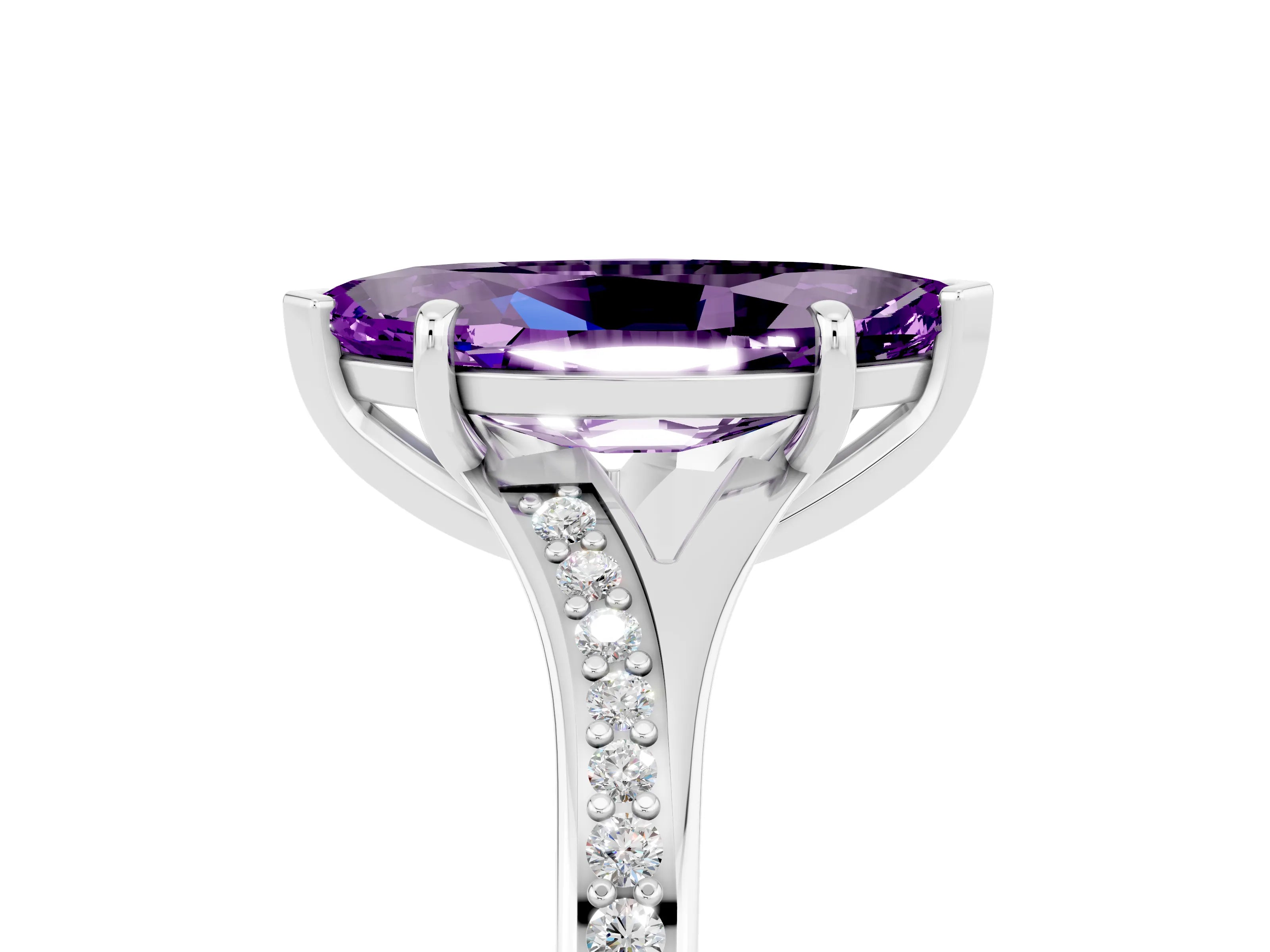 White gold Marquise Cut Amethyst Solitaire Ring with Pavé Band and Prong Setting_17