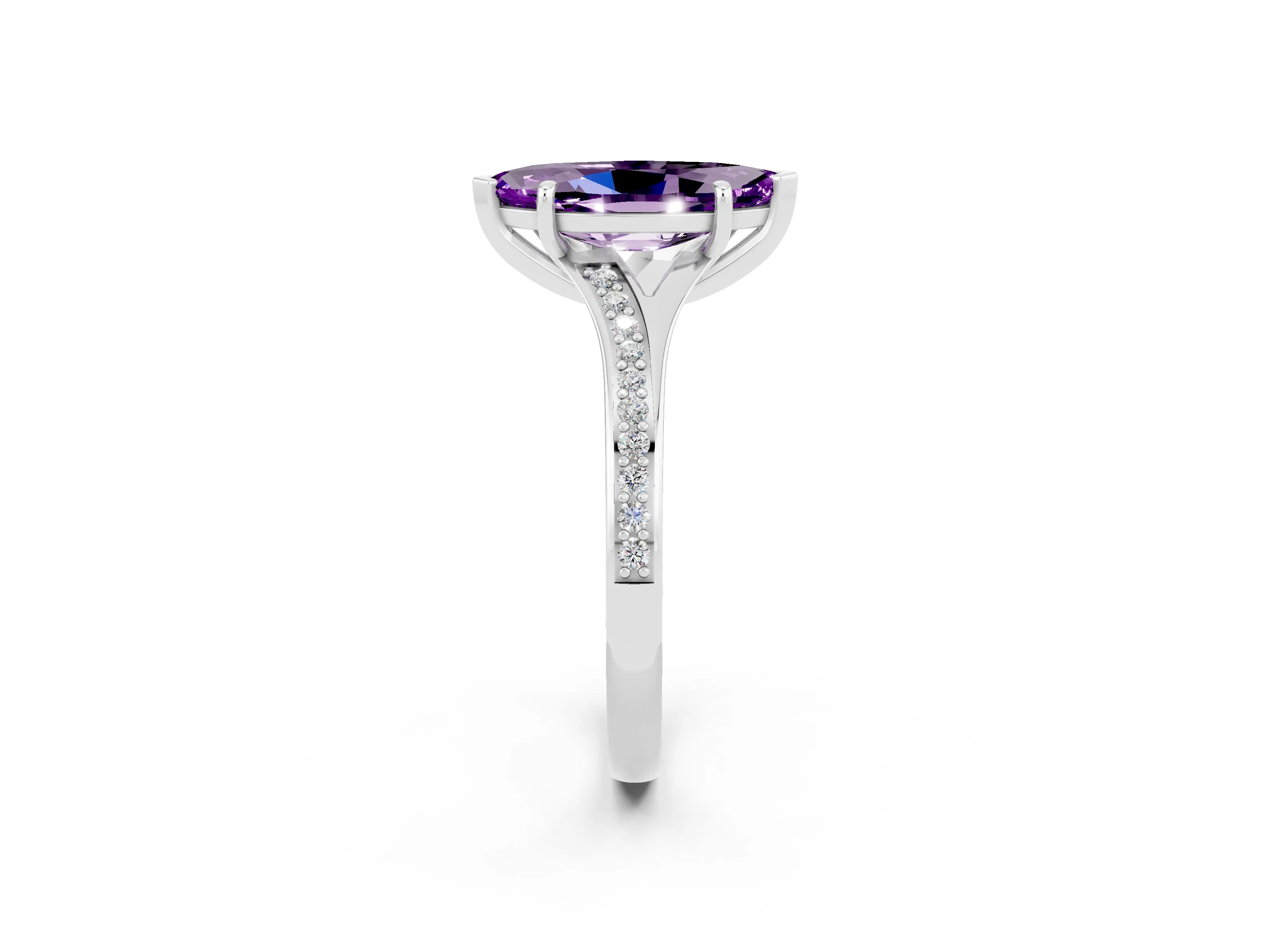 White gold Marquise Cut Amethyst Solitaire Ring with Pavé Band and Prong Setting_2