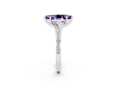 White gold Marquise Cut Amethyst Solitaire Ring with Pavé Band and Prong Setting_2