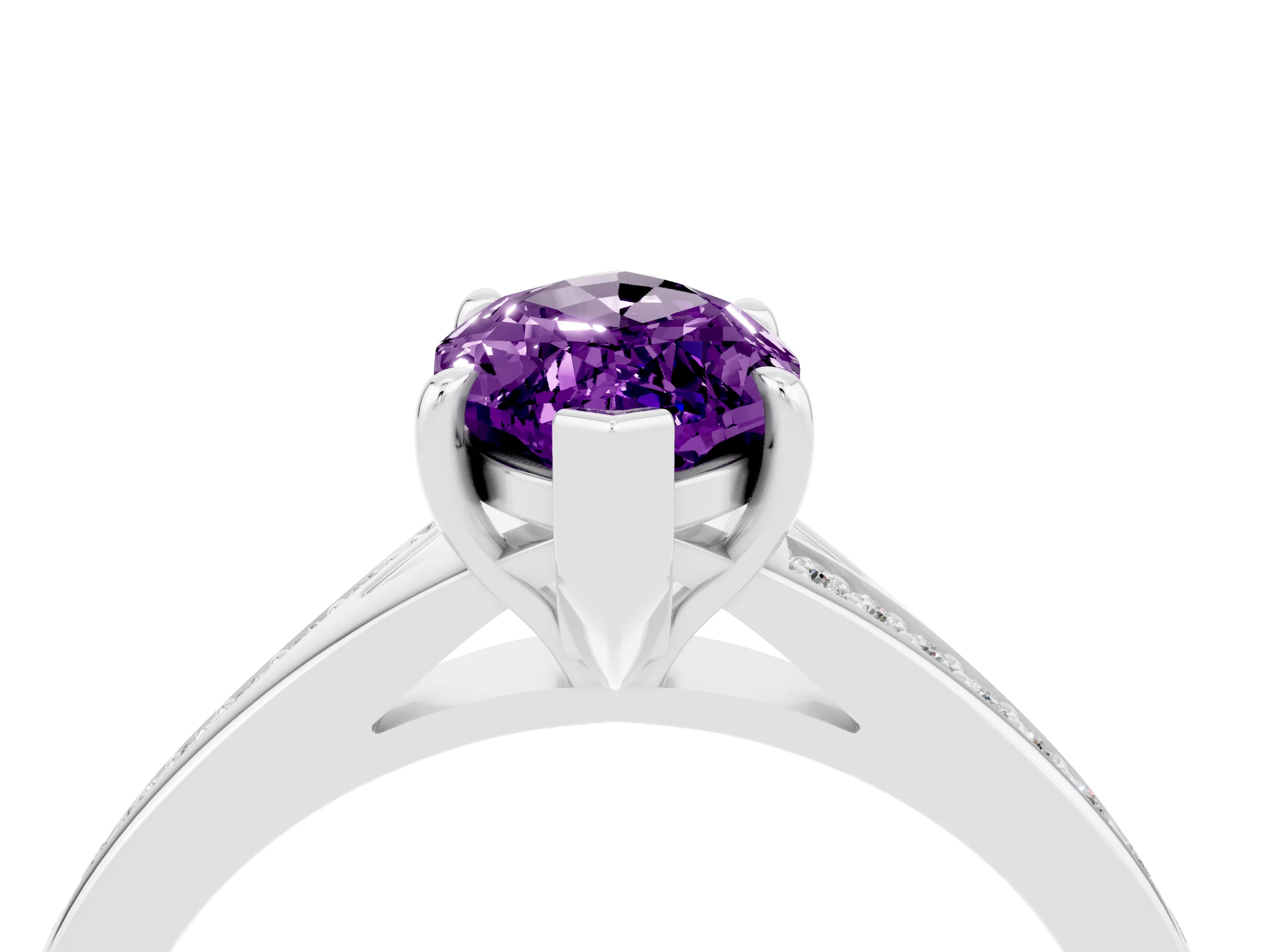 White gold Marquise Cut Amethyst Solitaire Ring with Pavé Band and Prong Setting_4